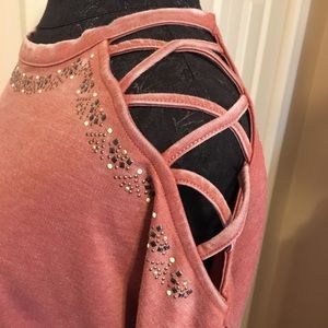 Open Lattice Sleeve Sweatshirt in Salmon Orange